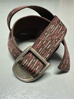 Chaco Self Cinching Brown Pink Woven   Webbed Patterned Belt Aluminum Buckle